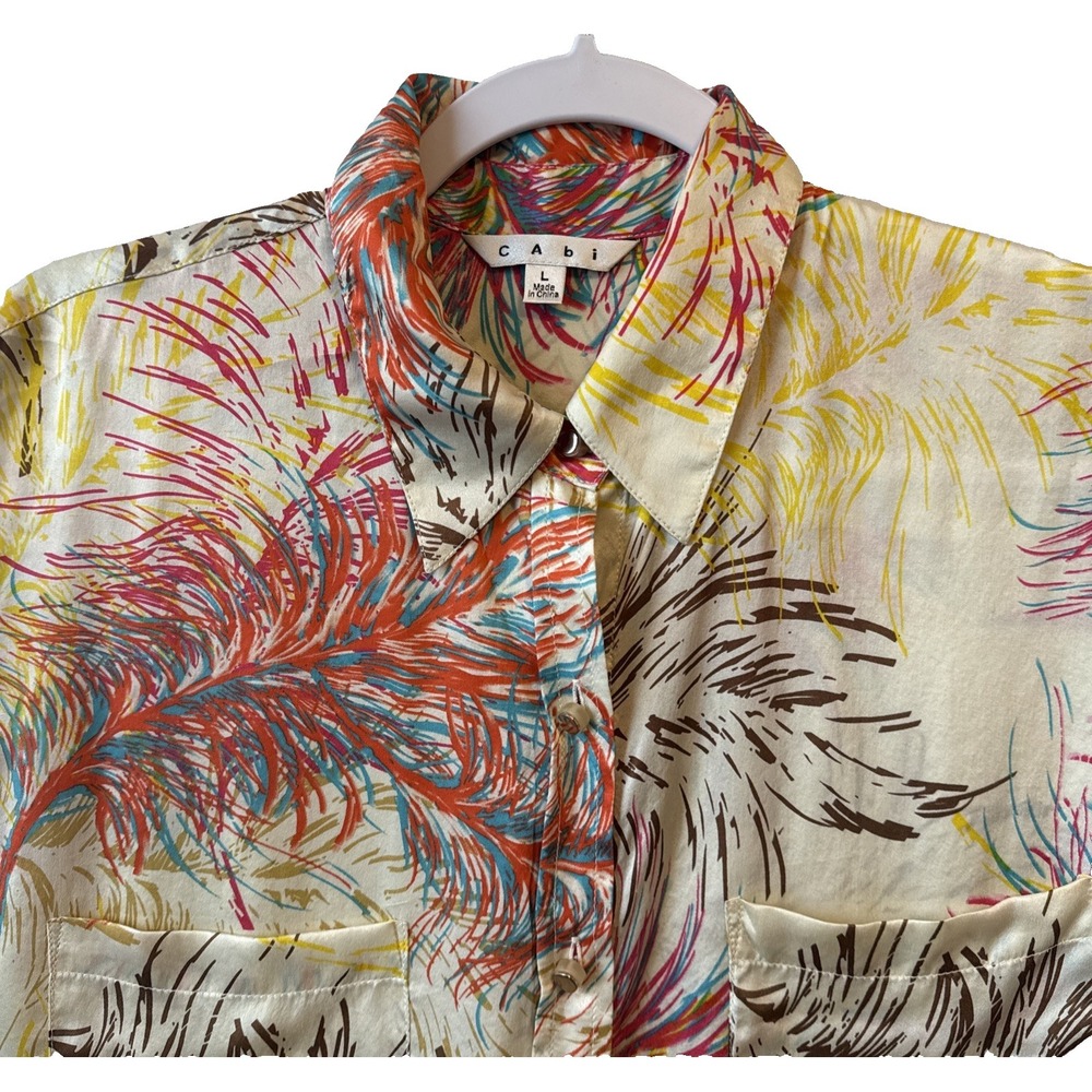 Cabi 100% Silk Colorful Feather Print Sleeveless Flowy Tunic Women's L Boho Chic